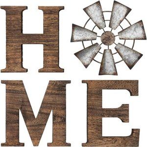 Farmhouse Wall Decor Wooden Home Sign with Metal Windmill for O Rustic Hanging